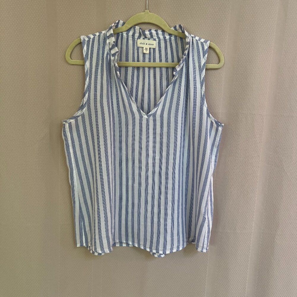 Bella Dahl Ruffle Neck Stripe Blue/White Tank Top Sleeveless Sz L